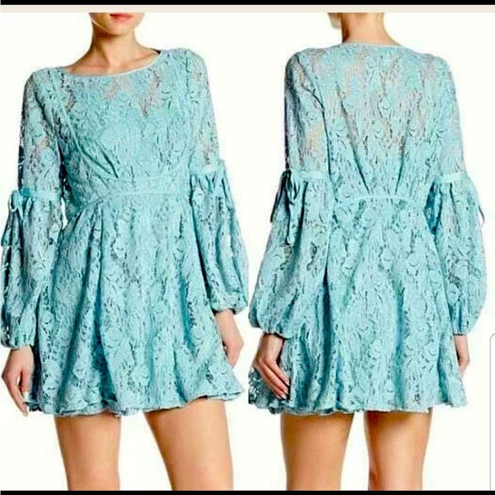 Free People Women's Ruby Crochet Lace Mini Dress Sea Fog Blue size XS